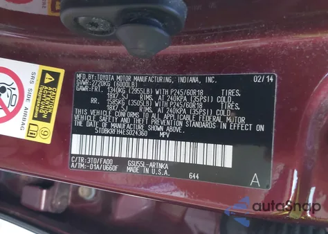 2014 Toyota Highlander Le Plus V6 z USA, uszkodzony, nr VIN 5TDBKRFH4ES024360